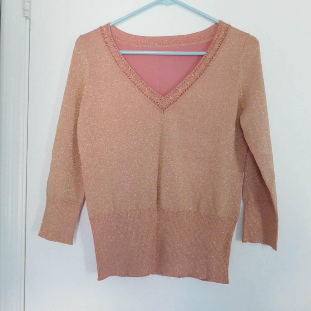 Rose Gold metallic shimmery v-neck sweater beading crochet detail size M